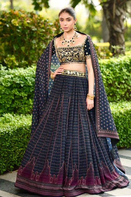 Shop Rashika Sharma Blue Chiffon Sequins, Beads Square Neck Jahaan Printed Bridal Lehenga Set Online at Aza Fashions Shop_Rashika Sharma_Blue Chiffon Sequins, Beads Square Neck Jahaan Printed Bridal Lehenga Set _Online_at_Aza_Fashions