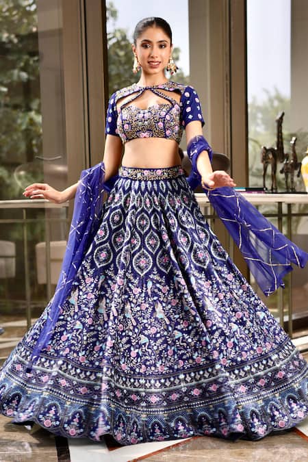 Buy Rashika Sharma Blue Velvet, Chiffon, Net Mirrors, Shriya Floral Print Bridal Lehenga Set Online at Aza Fashions Buy_Rashika Sharma_Blue Velvet, Chiffon, Net Mirrors, Shriya Floral Print Bridal Lehenga Set _Online_at_Aza_Fashions
