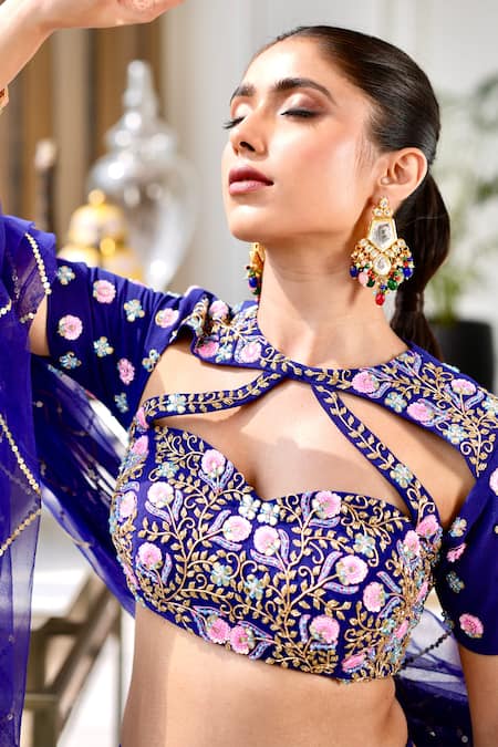 Rashika Sharma Blue Velvet, Chiffon, Net Mirrors, Shriya Floral Print Bridal Lehenga Set at Aza Fashions Rashika Sharma_Blue Velvet, Chiffon, Net Mirrors, Shriya Floral Print Bridal Lehenga Set _at_Aza_Fashions
