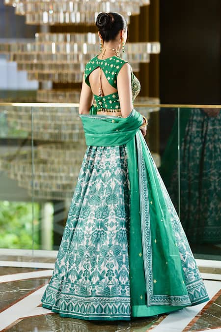 Shop_Rashika Sharma_Green Chiffon, Velvet, Organza Beads, Alvira Floral Print Bridal Lehenga Set _at_Aza_Fashions