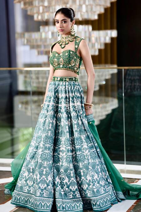 Buy_Rashika Sharma_Green Chiffon, Velvet, Organza Beads, Alvira Floral Print Bridal Lehenga Set _Online_at_Aza_Fashions