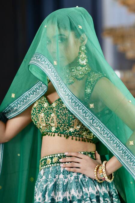 Rashika Sharma_Green Chiffon, Velvet, Organza Beads, Alvira Floral Print Bridal Lehenga Set _at_Aza_Fashions