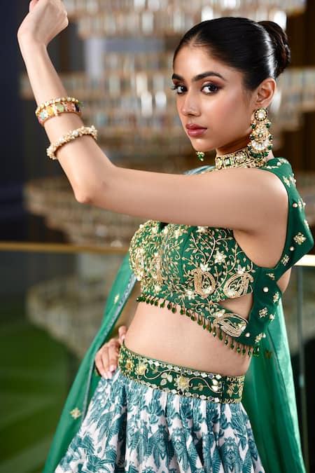 Shop_Rashika Sharma_Green Chiffon, Velvet, Organza Beads, Alvira Floral Print Bridal Lehenga Set 