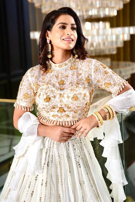 Rashika Sharma_White Organza, Chiffon Sequins, Zari, Beads Maheem Hand Embroidered Lehenga Set _Online_at_Aza_Fashions