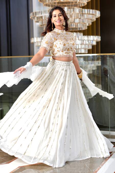 Buy_Rashika Sharma_White Organza, Chiffon Sequins, Zari, Beads Maheem Hand Embroidered Lehenga Set _Online_at_Aza_Fashions