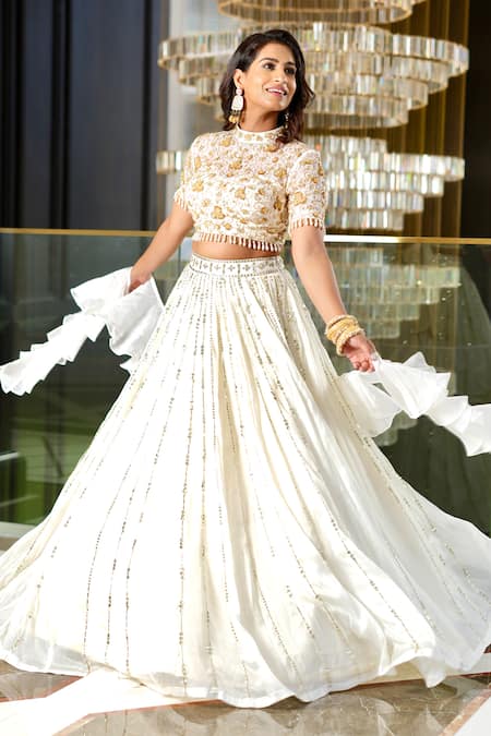Rashika Sharma_White Organza, Chiffon Sequins, Zari, Beads Maheem Hand Embroidered Lehenga Set _at_Aza_Fashions