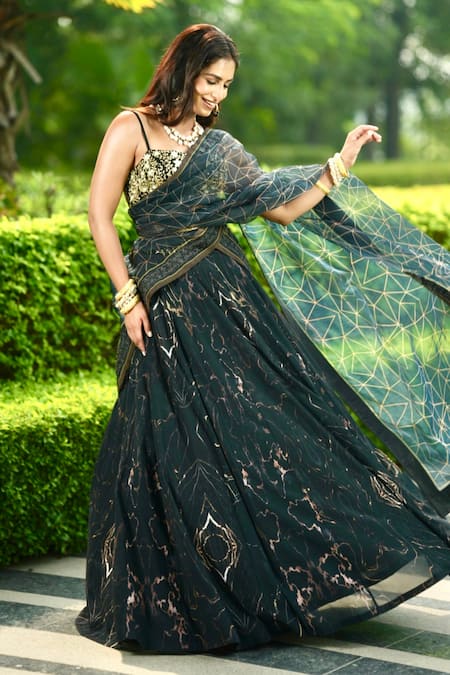 Shop_Rashika Sharma_Black Georgette, Chiffon, Organza Beads, Meesha Abstract Print Lehenga Set _at_Aza_Fashions