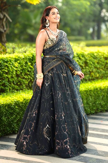 Shop_Rashika Sharma_Black Georgette, Chiffon, Organza Beads, Meesha Abstract Print Lehenga Set _Online_at_Aza_Fashions