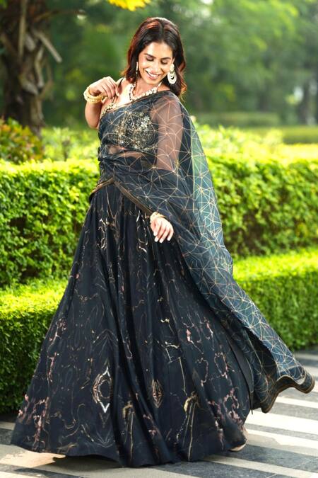 Rashika Sharma_Black Georgette, Chiffon, Organza Beads, Meesha Abstract Print Lehenga Set _at_Aza_Fashions