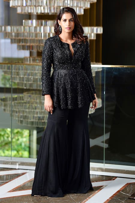 Buy Rashika Sharma Black Net, Chiffon Beads, Zari Split Tahira Hand Embroidered Tunic With Sharara Online at Aza Fashions Buy_Rashika Sharma_Black Net, Chiffon Beads, Zari Split Tahira Hand Embroidered Tunic With Sharara _Online_at_Aza_Fashions