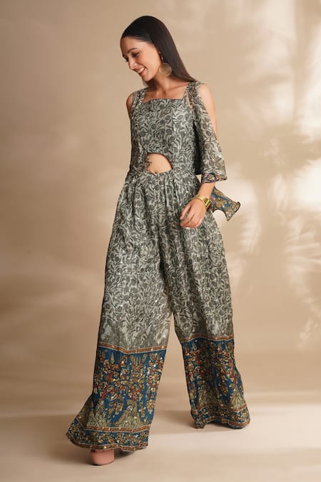 Shop Chaashni By Maansi And Ketan Grey Silk Embroidery, Sequins Square Neck, Floral Print Jumpsuit With Jacket at Aza Fashions Shop_Chaashni By Maansi And Ketan_Grey Silk Embroidery, Sequins Square Neck, Floral Print Jumpsuit With Jacket _at_Aza_Fashions