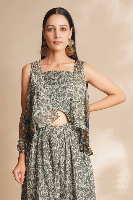 Buy Chaashni By Maansi And Ketan Grey Silk Embroidery, Sequins Square Neck, Floral Print Jumpsuit With Jacket Online at Aza Fashions Buy_Chaashni By Maansi And Ketan_Grey Silk Embroidery, Sequins Square Neck, Floral Print Jumpsuit With Jacket _Online_at_Aza_Fashions
