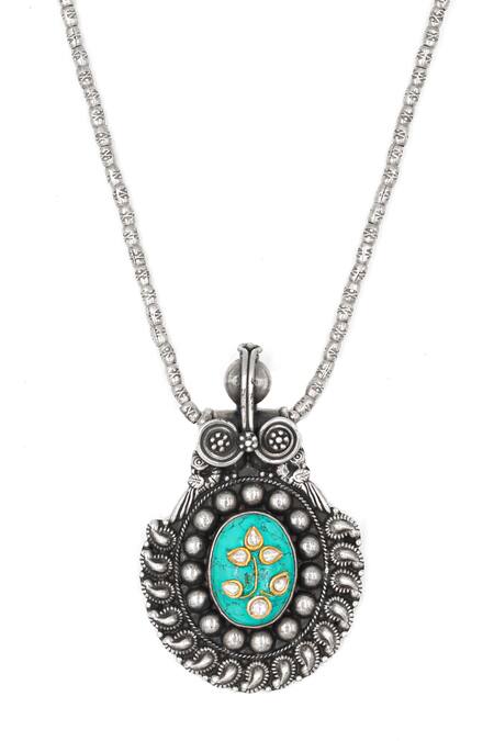 Sangeeta Boochra_Silver Plated Turquoise Embellished Pendant Necklace _Online_at_Aza_Fashions