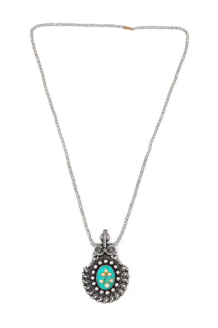 Buy_Sangeeta Boochra_Silver Plated Turquoise Embellished Pendant Necklace _Online_at_Aza_Fashions