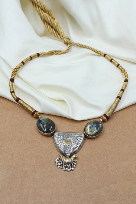 Shop Sangeeta Boochra Gold Plated Labradorite Gemstone Embellished Necklace at Aza Fashions Shop_Sangeeta Boochra_Gold Plated Labradorite Gemstone Embellished Necklace _at_Aza_Fashions