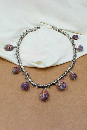 Shop Sangeeta Boochra Silver Plated Floral Labradorite Drop Necklace at Aza Fashions Shop_Sangeeta Boochra_Silver Plated Floral Labradorite Drop Necklace _at_Aza_Fashions