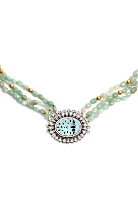 Sangeeta Boochra_Green Multi Stranded Brooch Necklace _Online_at_Aza_Fashions