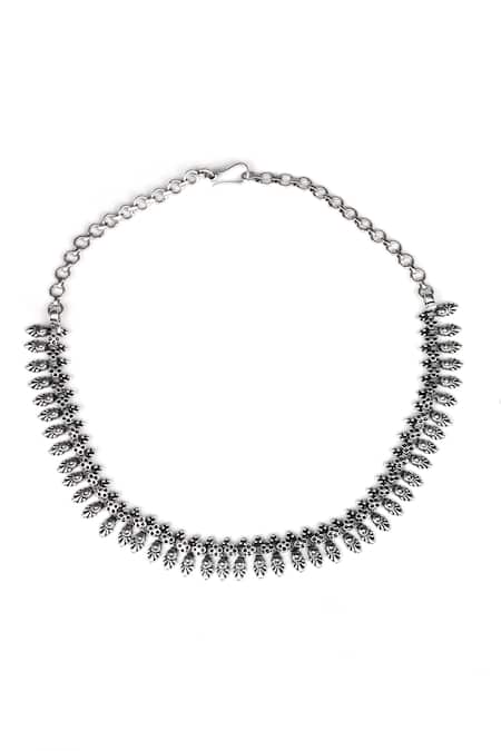 Shop Sangeeta Boochra Silver Plated Carved Flora Motif Necklace at Aza Fashions Shop_Sangeeta Boochra_Silver Plated Carved Flora Motif Necklace _at_Aza_Fashions