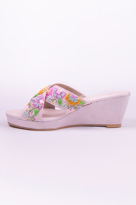 Buy SCHON ZAPATO Pink Embellished Floral Fantasy Embroidered Strap Wedges Online at Aza Fashions Buy_SCHON ZAPATO_Pink Embellished Floral Fantasy Embroidered Strap Wedges _Online_at_Aza_Fashions