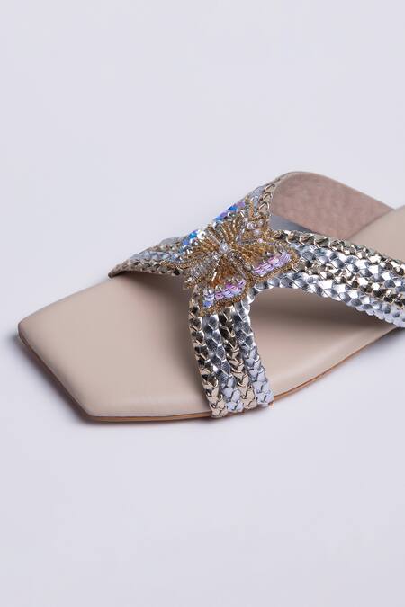 SCHON ZAPATO Gold Embellished Sparkler Butterfly Strap Flats Online at Aza Fashions SCHON ZAPATO_Gold Embellished Sparkler Butterfly Strap Flats _Online_at_Aza_Fashions