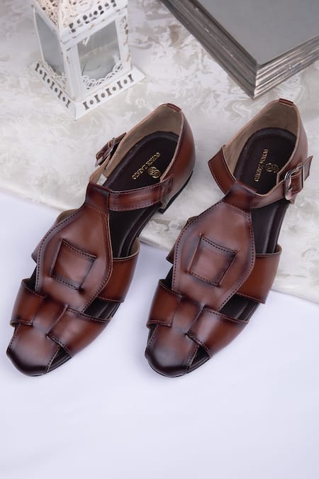 SCHON ZAPATO Brown Matte Ethno Pathani Interwoven Strap Shoes  