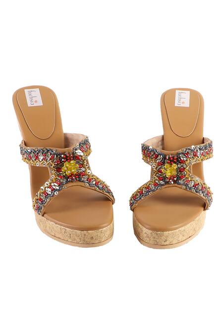 Shop_Fuchsia by aashaka mehta_Multi Color Cut Work, Sequins Renaissance Embellished Cut-out Block Wedges _Online_at_Aza_Fashions