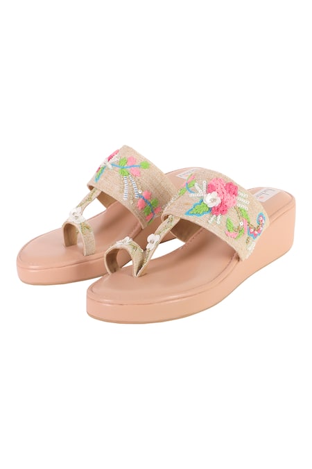 Shop Fuchsia by aashaka mehta Multi Color Sequins, Beads, Enchanted Garden Embellished Kolhapuri Wedges at Aza Fashions Shop_Fuchsia by aashaka mehta_Multi Color Sequins, Beads, Enchanted Garden Embellished Kolhapuri Wedges _at_Aza_Fashions