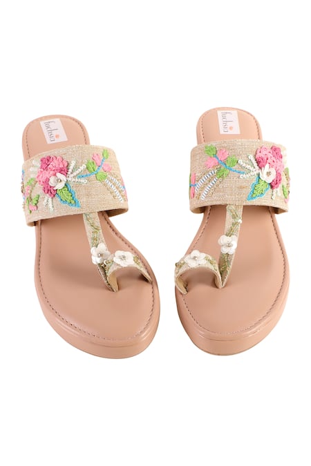 Shop Fuchsia by aashaka mehta Multi Color Sequins, Beads, Enchanted Garden Embellished Kolhapuri Wedges Online at Aza Fashions Shop_Fuchsia by aashaka mehta_Multi Color Sequins, Beads, Enchanted Garden Embellished Kolhapuri Wedges _Online_at_Aza_Fashions