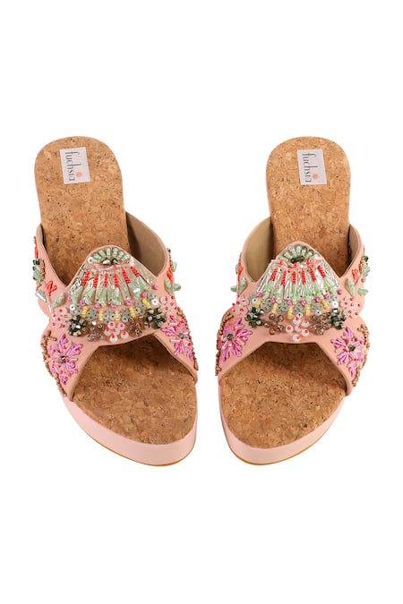 Shop Fuchsia by aashaka mehta Multi Color Cut Work, Beads Meadow Mist Embellished Wedges at Aza Fashions Shop_Fuchsia by aashaka mehta_Multi Color Cut Work, Beads Meadow Mist Embellished Wedges _at_Aza_Fashions
