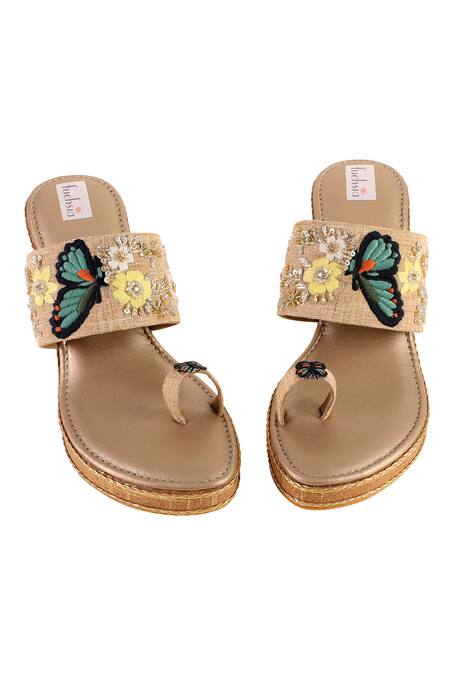 Shop_Fuchsia by aashaka mehta_Gold Cut Work, Sequins, Embroidery Butterfly Garden Embellished Kolhapuri Wedges _Online_at_Aza_Fashions