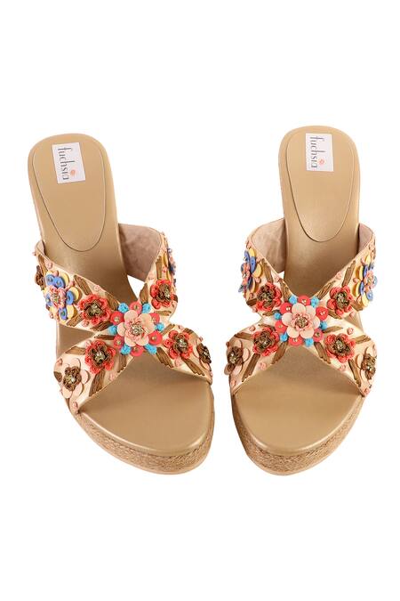 Shop_Fuchsia by aashaka mehta_Multi Color Sequins, Stones Whimsical Wildflower Embellished Wedges _Online_at_Aza_Fashions