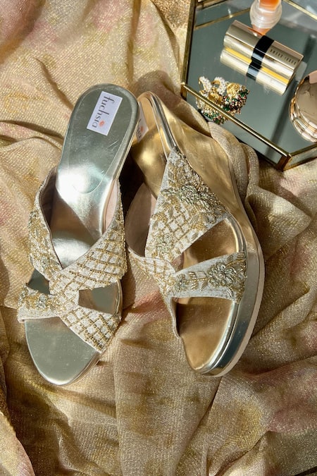 Fuchsia by aashaka mehta_Gold Cut Work, Stones Daisy Dreams Embellished Wedges _Online_at_Aza_Fashions