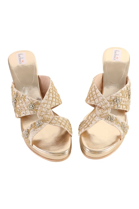 Fuchsia by aashaka mehta_Gold Cut Work, Stones Daisy Dreams Embellished Wedges _at_Aza_Fashions