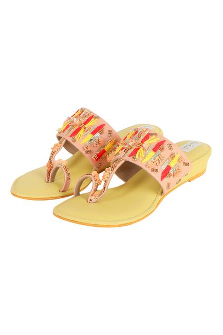 Shop Fuchsia by aashaka mehta Yellow Sequins, Beads, Stones, Spring Time Splendor Embellished Kolhapuris at Aza Fashions Shop_Fuchsia by aashaka mehta_Yellow Sequins, Beads, Stones, Spring Time Splendor Embellished Kolhapuris_at_Aza_Fashions