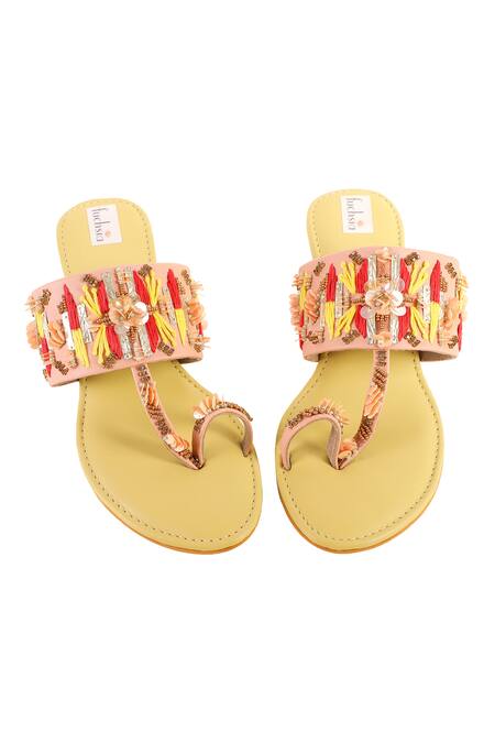 Shop Fuchsia by aashaka mehta Yellow Sequins, Beads, Stones, Spring Time Splendor Embellished Kolhapuris Online at Aza Fashions Shop_Fuchsia by aashaka mehta_Yellow Sequins, Beads, Stones, Spring Time Splendor Embellished Kolhapuris_Online_at_Aza_Fashions