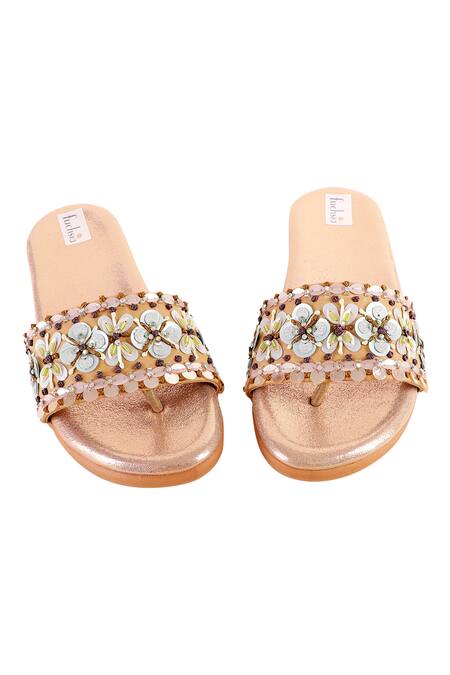 Shop_Fuchsia by aashaka mehta_Pink Sequins, Beads Wild Flowers Embellished Sliders_Online_at_Aza_Fashions