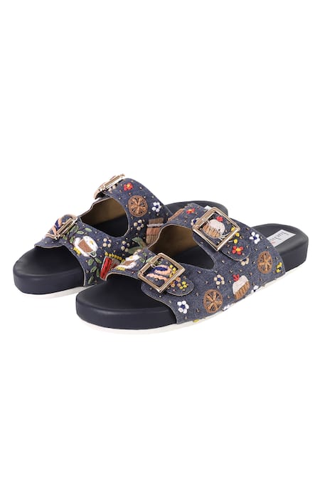 Shop Fuchsia by aashaka mehta Blue Breakfast Buffet Embellished Sliders at Aza Fashions Shop_Fuchsia by aashaka mehta_Blue Breakfast Buffet Embellished Sliders _at_Aza_Fashions