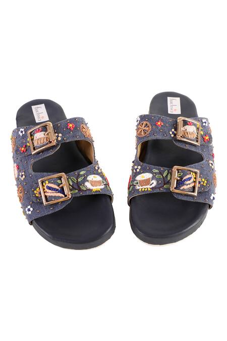 Shop Fuchsia by aashaka mehta Blue Breakfast Buffet Embellished Sliders Online at Aza Fashions Shop_Fuchsia by aashaka mehta_Blue Breakfast Buffet Embellished Sliders _Online_at_Aza_Fashions