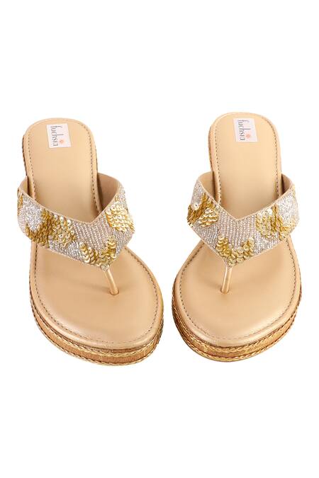 Shop_Fuchsia by aashaka mehta_Gold Cut Work, Sequins Dazzle Embellished Wedges _Online_at_Aza_Fashions