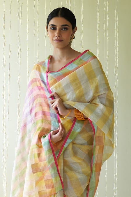 Blended Linen With Multi Color Zari Check Pattern Saree | DLS129