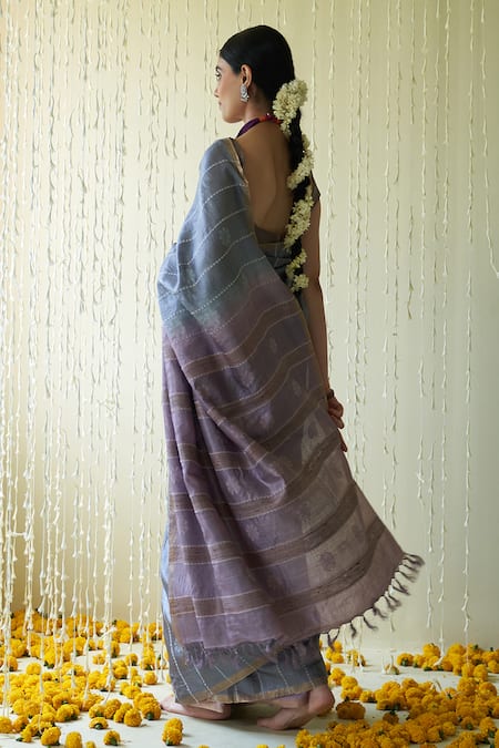 Shop Five Point Five Grey Tussar Zeenat Striped Bloom Motif Saree With Running Blouse at Aza Fashions Shop_Five Point Five_Grey Tussar Zeenat Striped Bloom Motif Saree With Running Blouse _at_Aza_Fashions