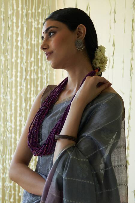 Buy Five Point Five Grey Tussar Zeenat Striped Bloom Motif Saree With Running Blouse Online at Aza Fashions Buy_Five Point Five_Grey Tussar Zeenat Striped Bloom Motif Saree With Running Blouse _Online_at_Aza_Fashions