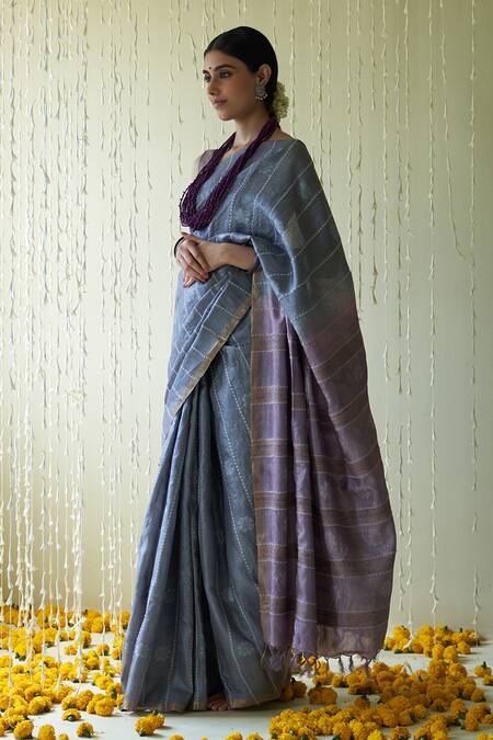 Shop Five Point Five Grey Tussar Zeenat Striped Bloom Motif Saree With Running Blouse Online at Aza Fashions Shop_Five Point Five_Grey Tussar Zeenat Striped Bloom Motif Saree With Running Blouse _Online_at_Aza_Fashions