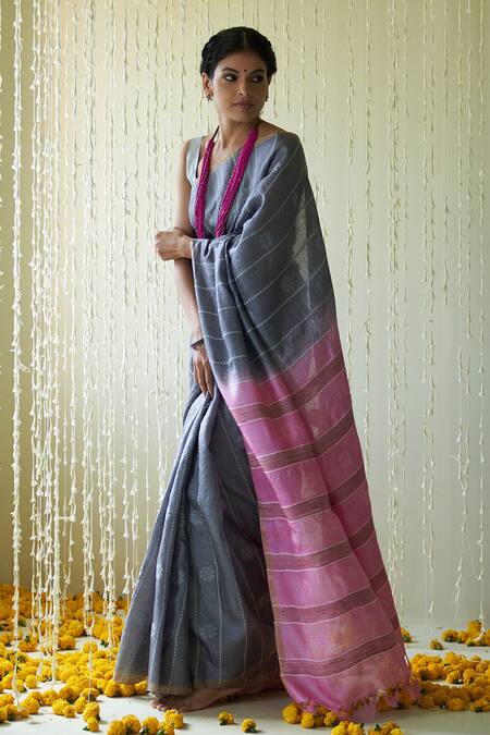 Five Point Five Grey Tussar Zeenat Striped Blossom Motif Saree With Running Blouse Online at Aza Fashions Five Point Five_Grey Tussar Zeenat Striped Blossom Motif Saree With Running Blouse _Online_at_Aza_Fashions