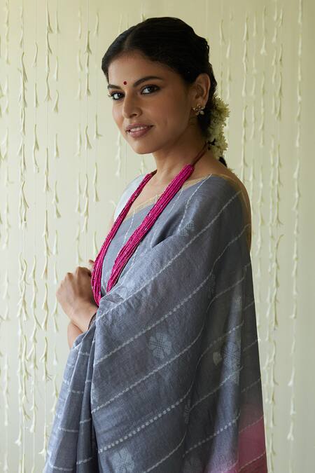 Buy Five Point Five Grey Tussar Zeenat Striped Blossom Motif Saree With Running Blouse Online at Aza Fashions Buy_Five Point Five_Grey Tussar Zeenat Striped Blossom Motif Saree With Running Blouse _Online_at_Aza_Fashions