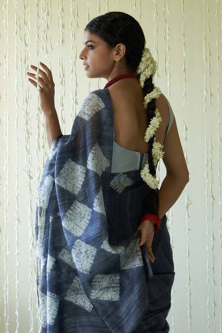 Shop_Five Point Five_Grey Muslin, Silk Gohar Diamond Shibori Saree _at_Aza_Fashions