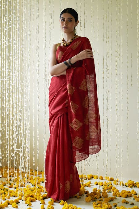 FIVE POINT FIVE Red Matka Silk Shibori Gohar Geometric Saree 