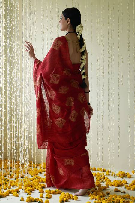 Shop_Five Point Five_Red Silk, Handloom Cotton Gohar Geometric Shibori Saree_at_Aza_Fashions