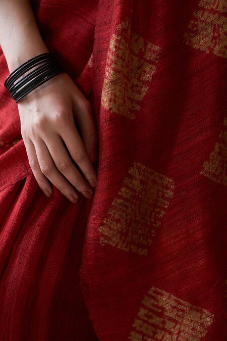 Five Point Five_Red Silk, Handloom Cotton Gohar Geometric Shibori Saree_Online_at_Aza_Fashions