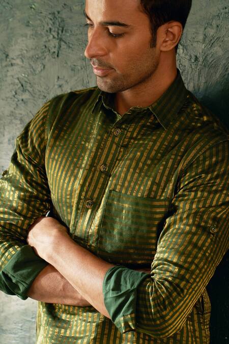 Charkhee Green Silk, Poplin, Cotton Stripe Pattern Tissue Kurta Set Online at Aza Fashions Charkhee_Green Silk, Poplin, Cotton Stripe Pattern Tissue Kurta Set _Online_at_Aza_Fashions